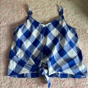 Blue Checkered Knotted Cropped Tank